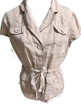 Ann Taylor LOFT Beige Short Sleeve Casual Belted Cotton Shirt Jacket Size Large